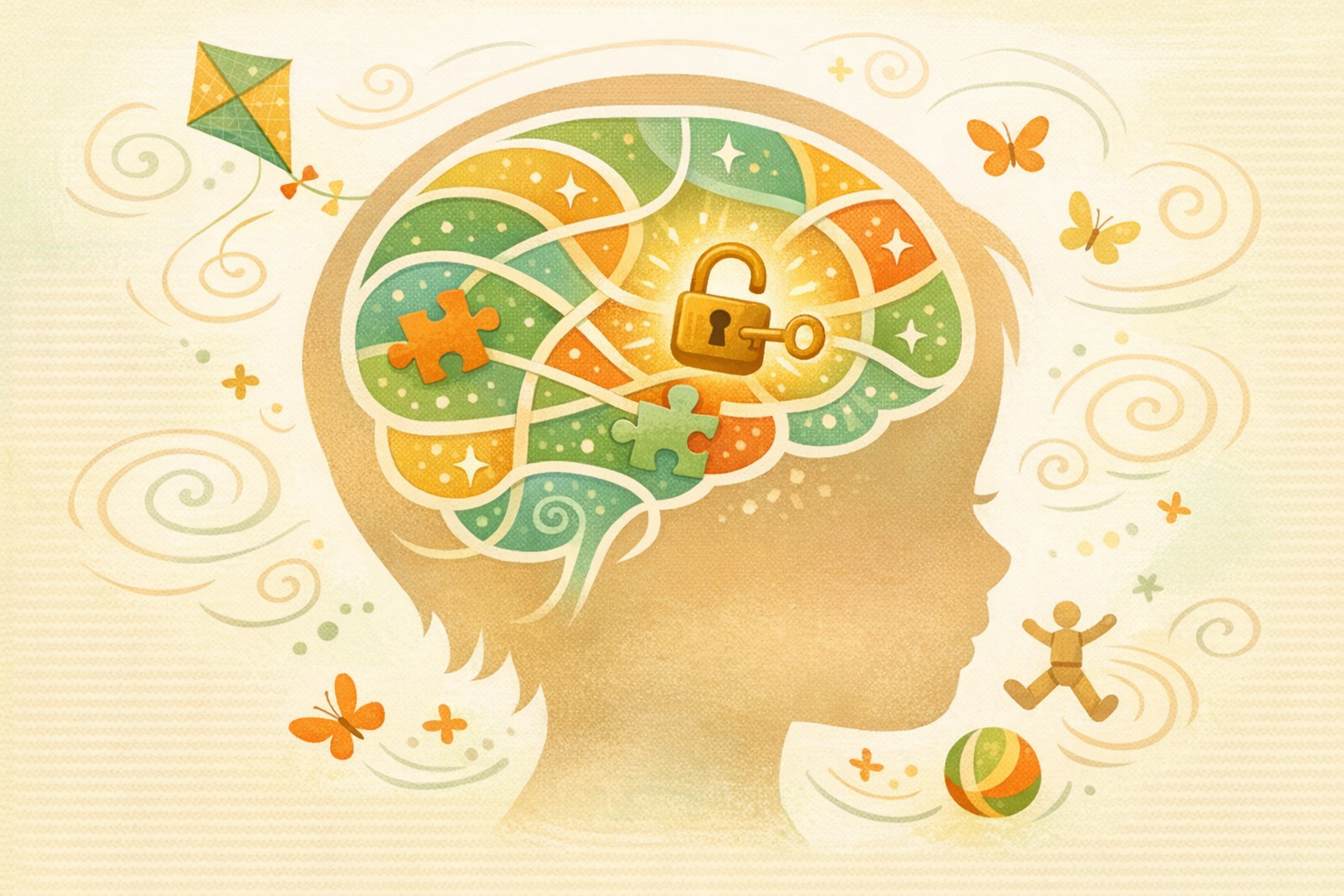 Abstrakte Darstellung eines Kinderkopfes mit fließenden Verbindungen - Symbol für gelöste Lernblockaden